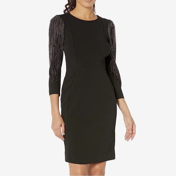 Women's Calvin Klein Scuba Crepe Sheath with Beaded 3/4 Sleeves - Picture 2 of 12